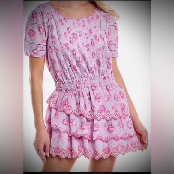 LoveShackFancy Mavis Mini Dress Tiered Cotton Floral in Lilac & Pink Size M NWT